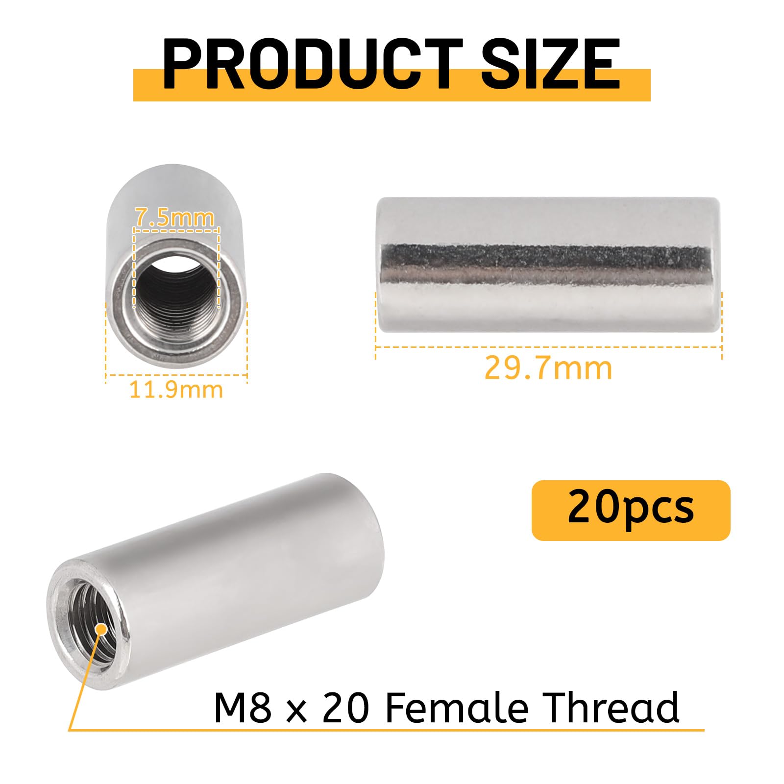 LALAGO 20 piezas Tuercas Largas Roscada Redondas M8 x 30, Manguito Roscado de Acero Inoxidable V2A VA A2, Tuerca Conector Redondas con Rosca Interior, Tuerca Espaciadoras para Repuestos Mantenimiento
