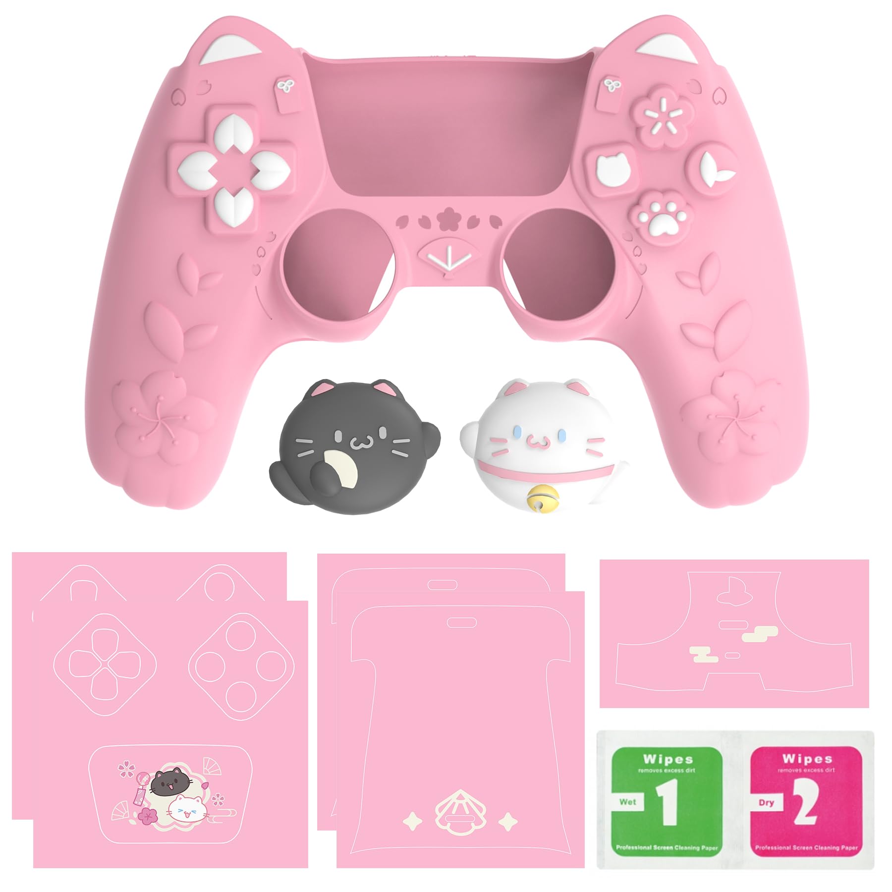 PlayVital Funda de Silicona para ps5 Mando - Protector Antideslizante con Tapas para Joystick y Pegatina, Cubierta de Goma Suave, Accesorios para ps5 - Diseño Gatito Lindo (Rosa)