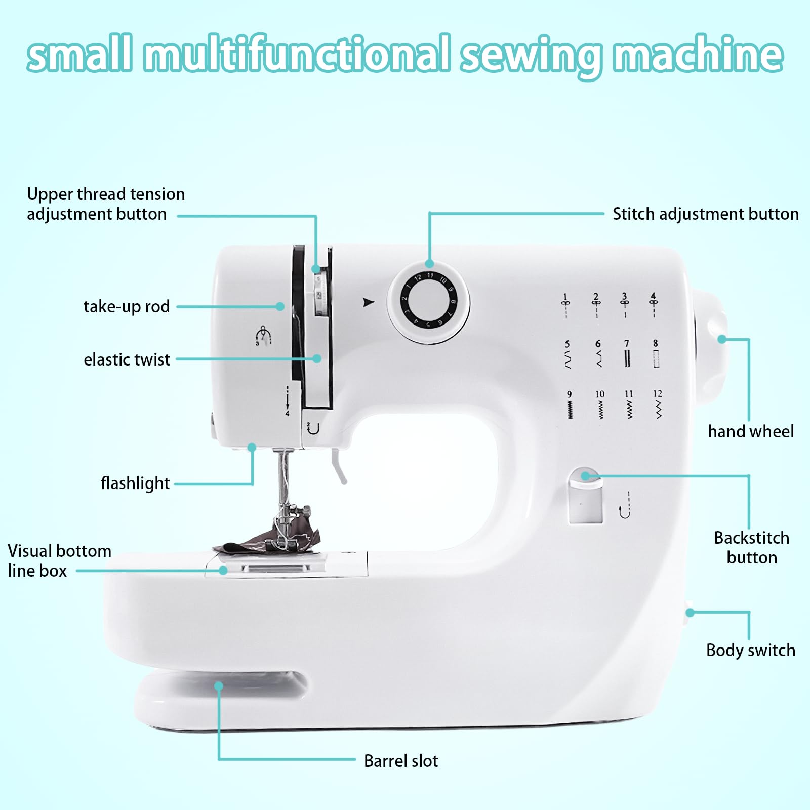 Máquina de Coser con Pedal Máquinas de Coser Eléctricas Multifuncionales para Principiantes, 12 Puntadas Máquina de Coser Portátil con Kit de Costura