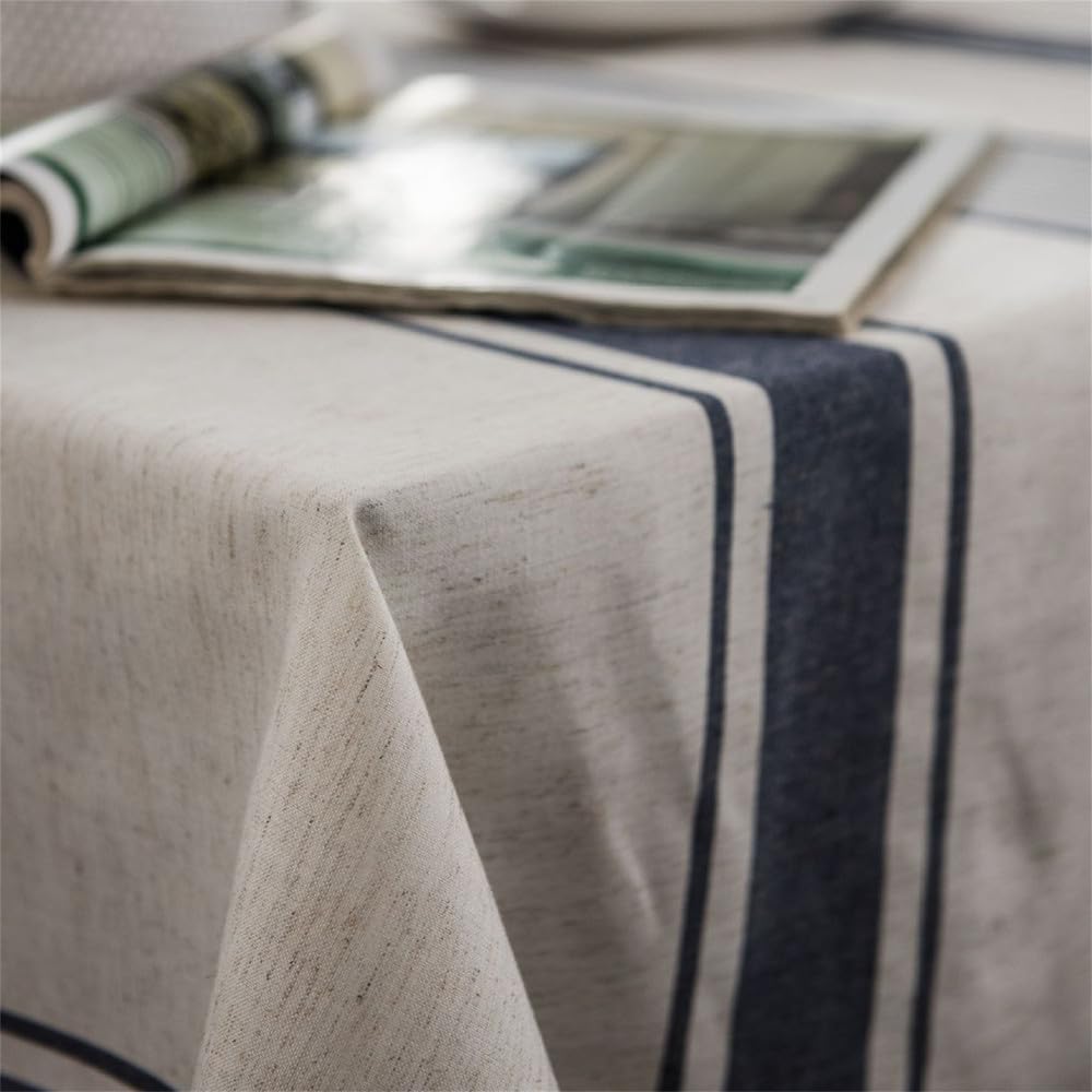 Mantel de Lino y algodón de Estilo Rural con diseño de líneas Azules, para decoración de Cocina, Bodas, comedores, Azul Marino, 140 x 180 cm