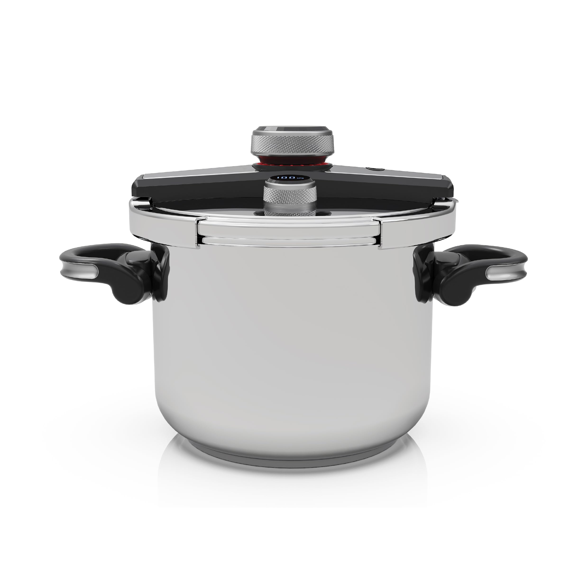 VOGATI PRESSURE COOKER 8 LITER STAINLESS STEEL18/10(304)- INDUCTION BASE HEAVY-GLASS LID-DIGITAL PRESSURE INDICATOR-PRESSURE LID WITH SAFETY LOCK-ERGONOMICS FOLDABLE HANDLE