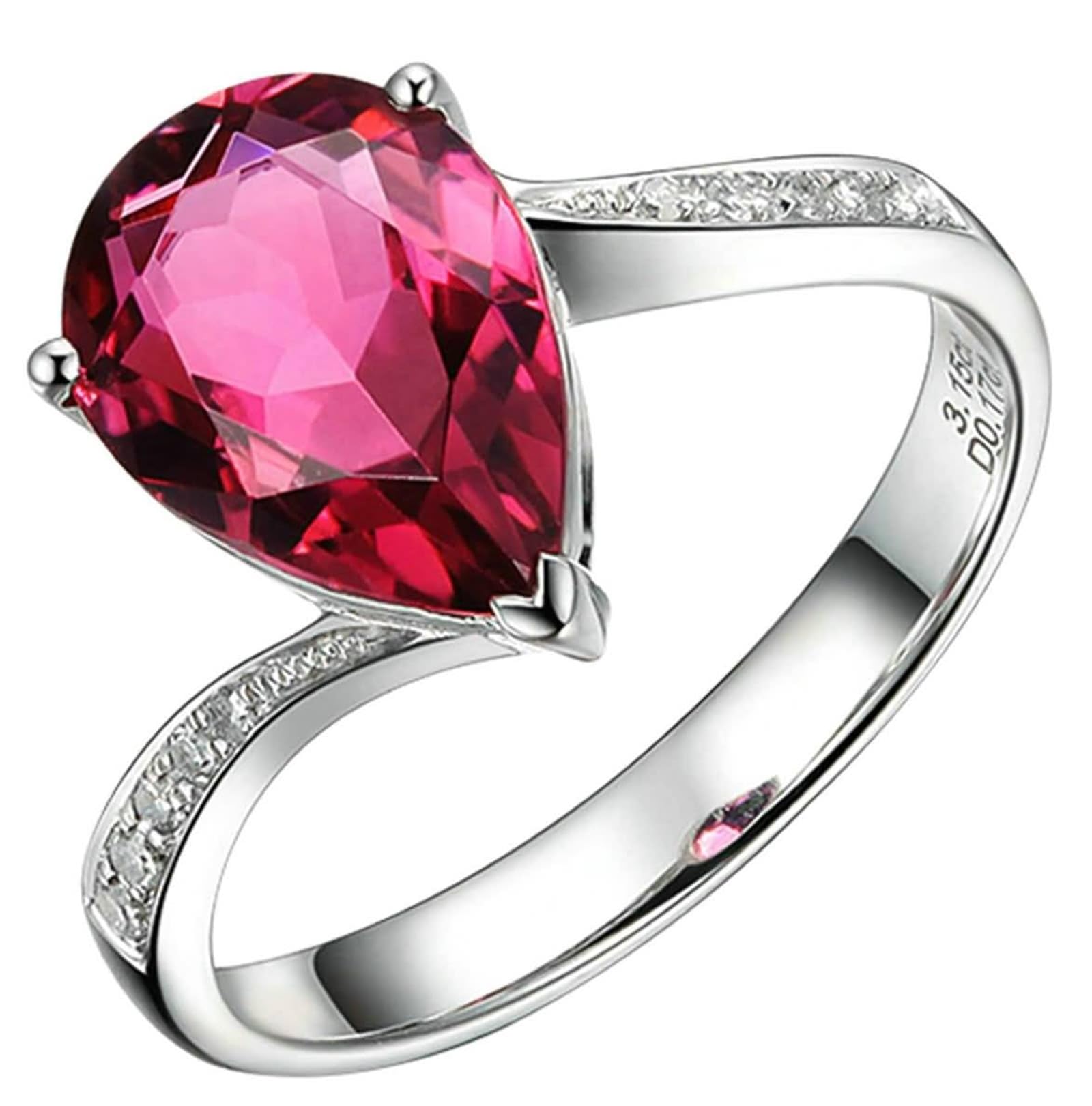 AmDxD Alliance en or blanc véritable 18 carats, bague solitaire rouge tourmaline et diamant en forme de larme rouge