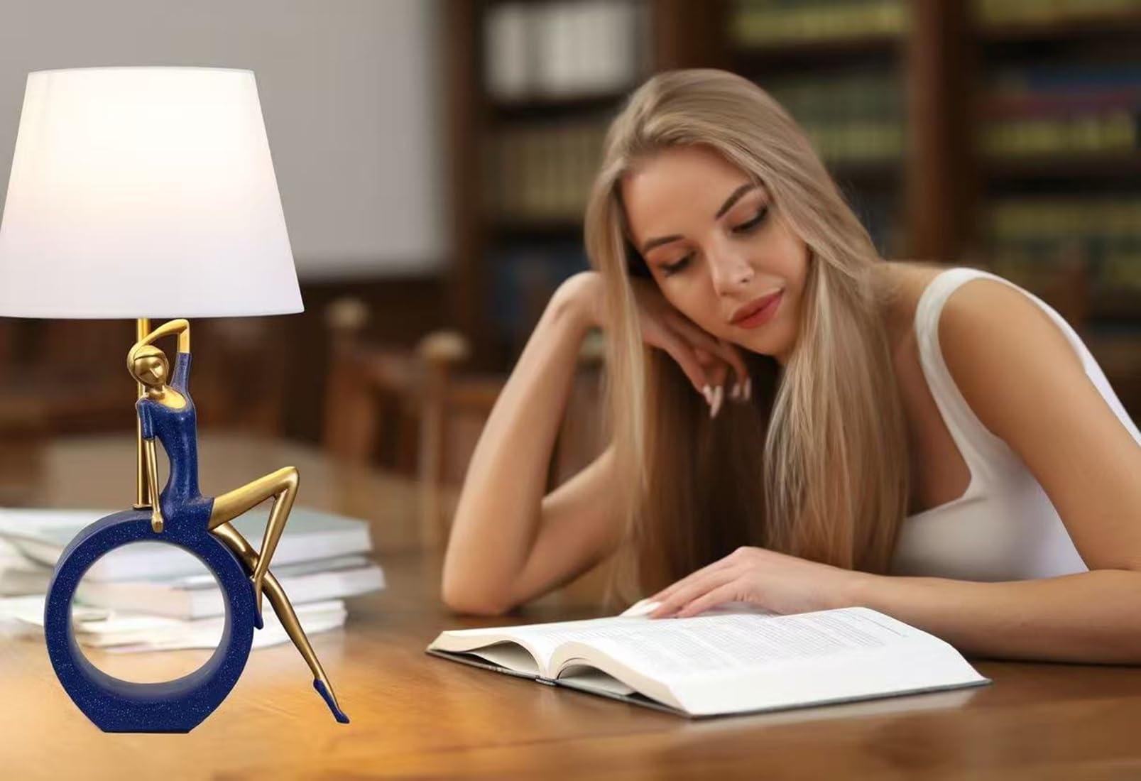 Lámpara de mesa decorativa, 48,3 cm, lámpara de mesa nocturna moderna con pantalla de lino, base de resina azul y dorada, luminaria LED incluida