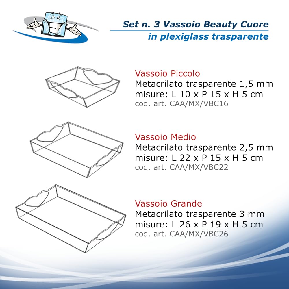 Set n. 3 Vassoi in acrilico trasparente in 3 misure diverse per bar colazione caffè the aperitivi antipasti porta oggetti e corrispondenza centro tavola beauty cuore