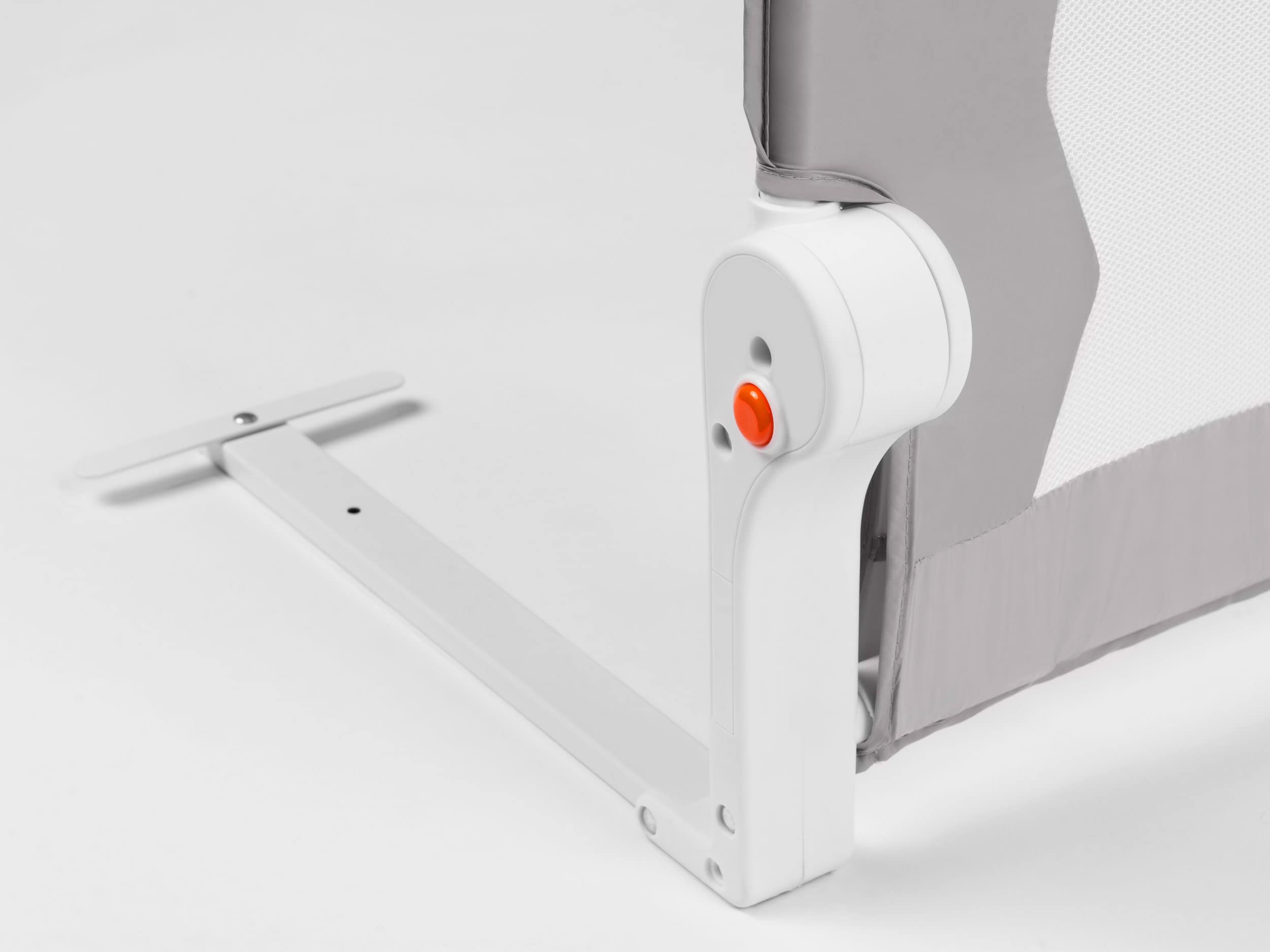 Nukido Barrera De Cama 180 x 35 x 42 cm Barandilla De Seguridad para Niños Plegable con Sistema De Bloqueo Cinturones De Seguridad Bolsillo Gris