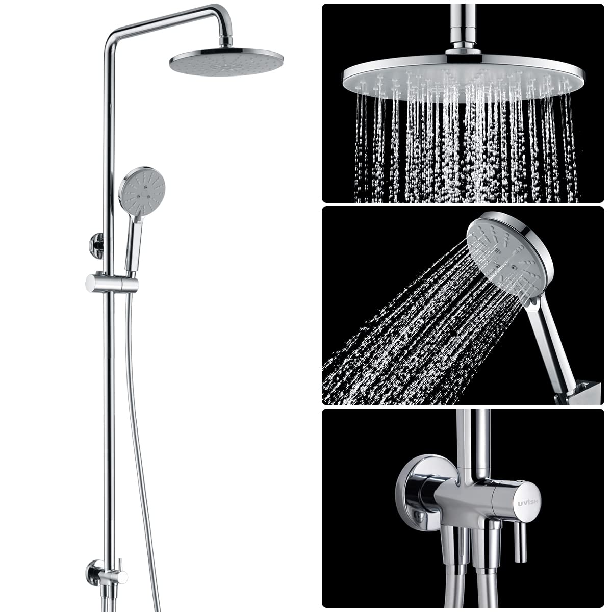 Shower Set Stainless Shower Riser Rail Kit, Uvish Rainfall Shower Head and Hose Set Brass Shower Diverter and New Handheld 4 Function with Point Jet, Shower Column System Without Tap, Chrome