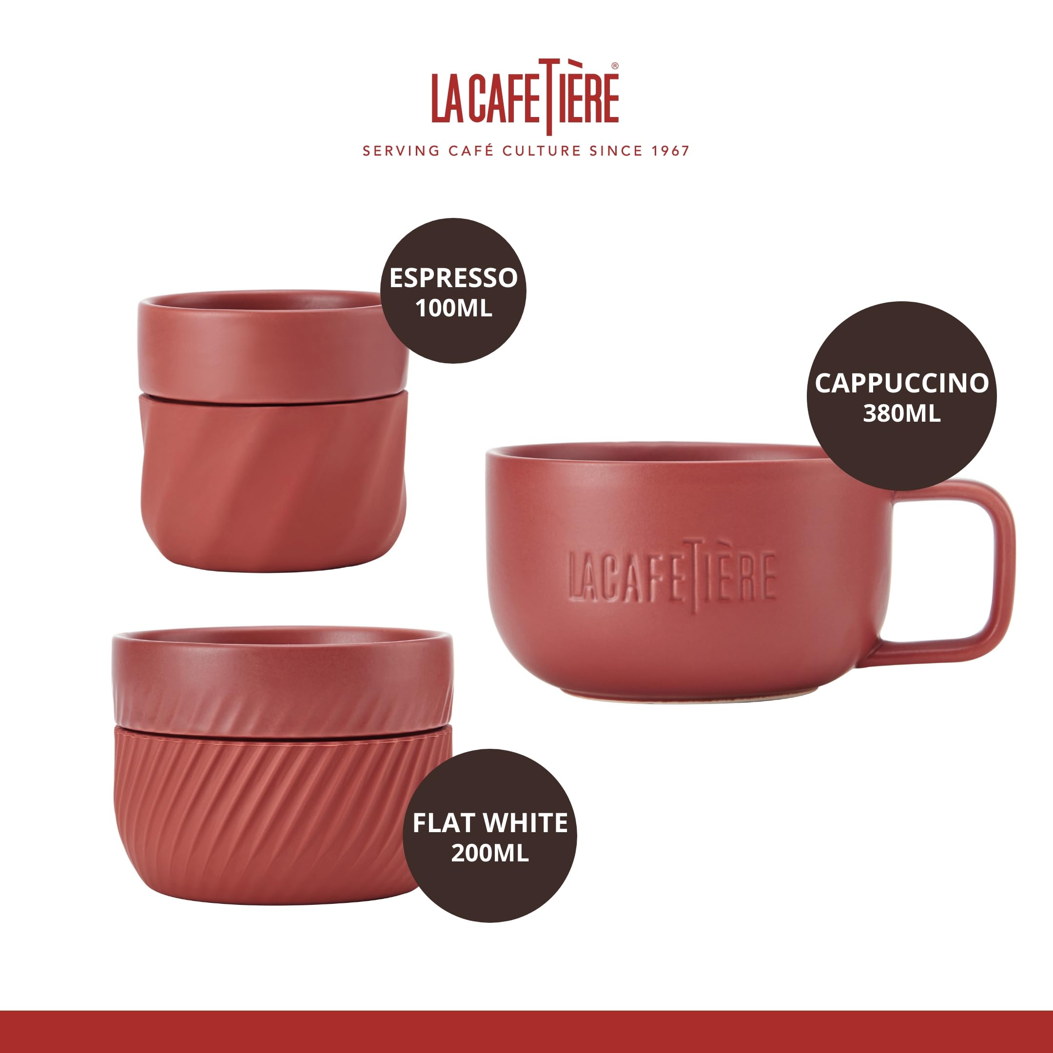 La Cafetière Set regalo di tazze per famiglie di amanti del caffè 3pc, con tazze impilabili da 38ml, 2ml e 1ml con manicotti in silicone per una facile presa, rosso