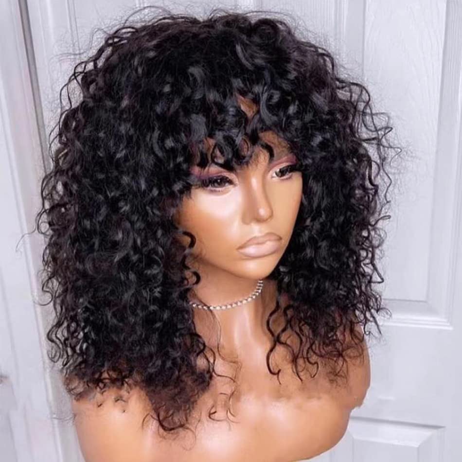 Miniatura 3 de INSBEAUTY Pelucas de cabello humano rizado malasio con flequillo de 180 % de densidad, pelucas hechas a máquina para mujeres negras, color natural,