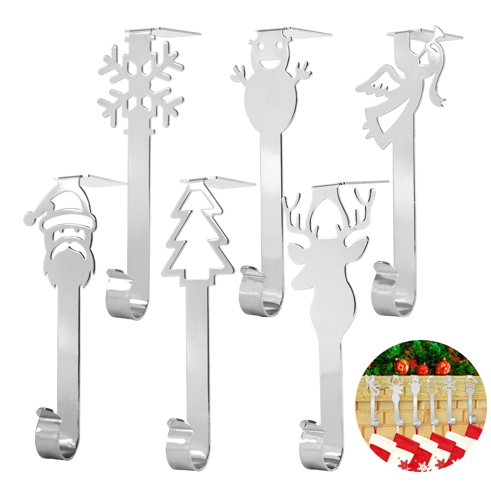 Set di 6 Ganci in Metallo con Motivo Natalizio Supporto per Calza di Natale Decorazioni Natalizie Ganci di Natale Porta Calze, Babbo Natale Pupazzo di Neve Alce Albero di Natale Supporti (Argento)
