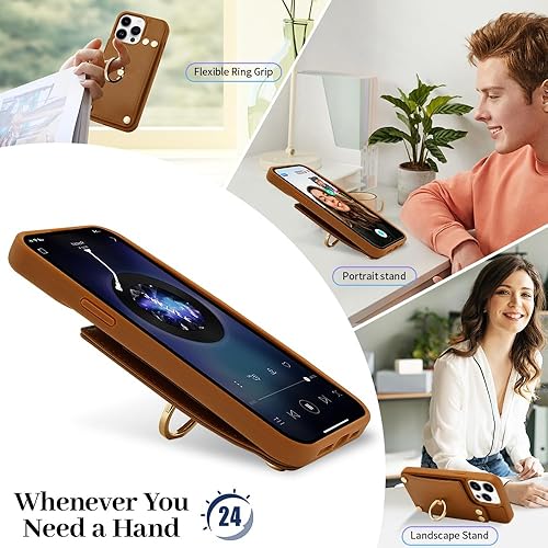 Miniatura 2 de LAMEEKU Funda tipo cartera para iPhone 15 Pro con soporte para tarjetas, funda de piel sintética con ranuras para tarjetas, soporte de anillo de