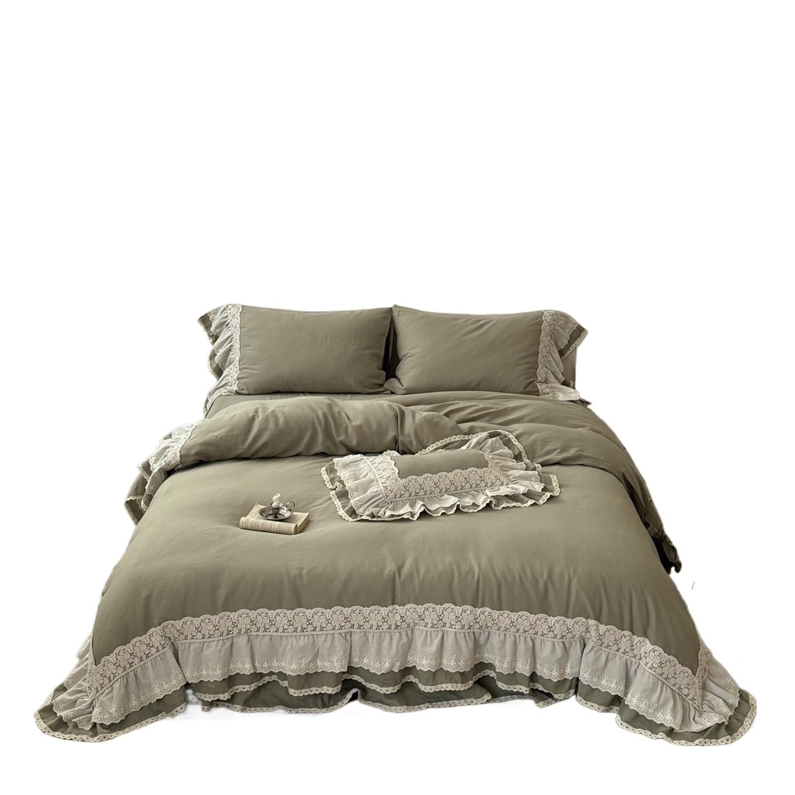 GCYEIDMA Ruffle Duvet Cover Double Layer Lace Ruffles Cotton Gauze Wedding Bedding Set Duvet Cover Bed Sheet Pillowcases 4Pcs(Color 3,Queen 200X230cm 4pcs)
