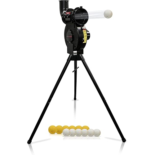 PowerNet Launch F-lite Softball & Baseball Pitching Machine, Dimpled Practice Balls, Bucket of Baseballs, Coaching Bucket Bundle for Pitching Machine, Baseball Training Equipment