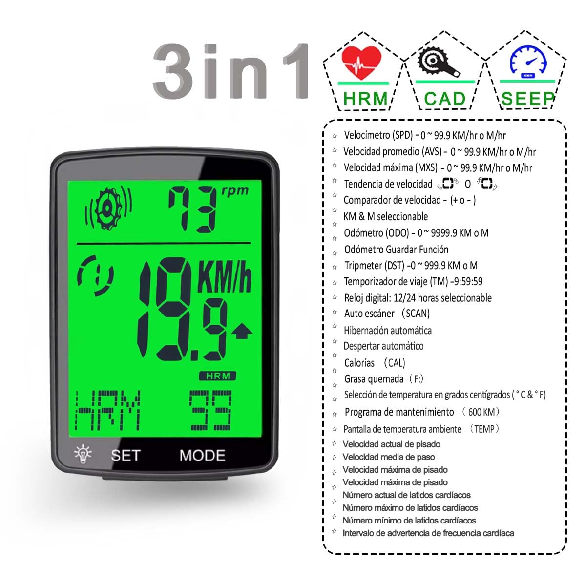 Wireless Tachimetro Bici， Misuratore di frequenza cardiaca, sensore di frequenza a pedale, e tachimetro 3-in-1 cycling equipment, 2.8-inch LCD Computer da Bici con retroilluminazione Computer Bici.