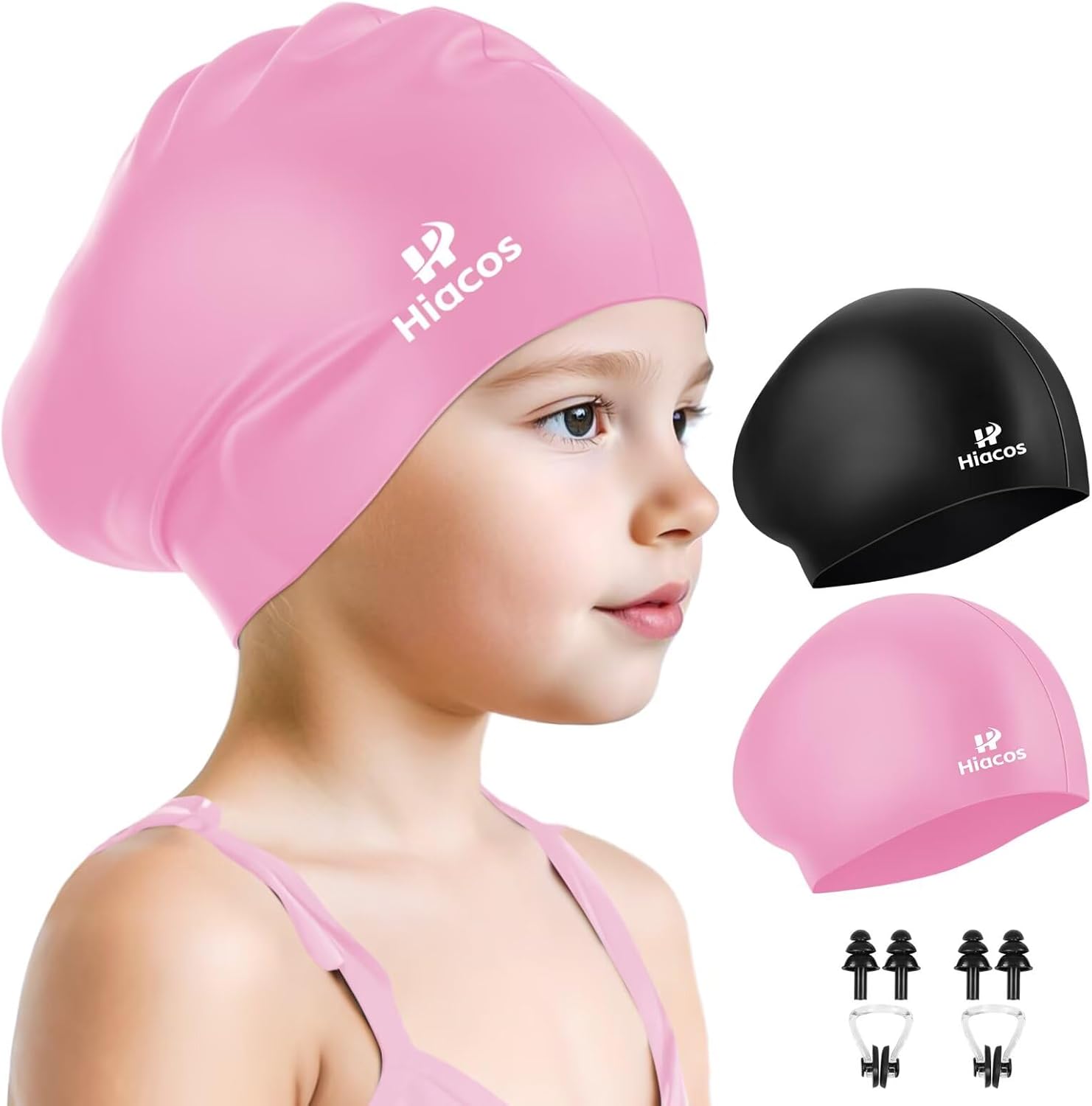 2 Pack Kids Swim Cap for Girls Boys, 2 Size Silicone Swimming Cap for Toddlers Children Teens, Waterproof Swim Hatsfor Long Hair to Keep Hair Dry