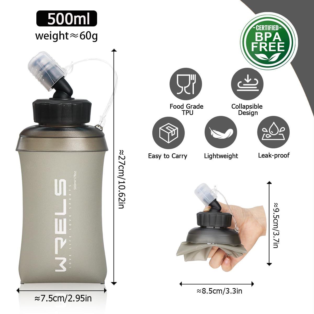 WRELS Weiche TPU-Wasserflaschen, BPA-frei, faltbar, mit breiter Öffnung für Laufweste, leicht, faltbar, Wasserflasche für Laufen, Marathon, Trail-Wandern, 350 ml / 500 ml, 2 Packungen
