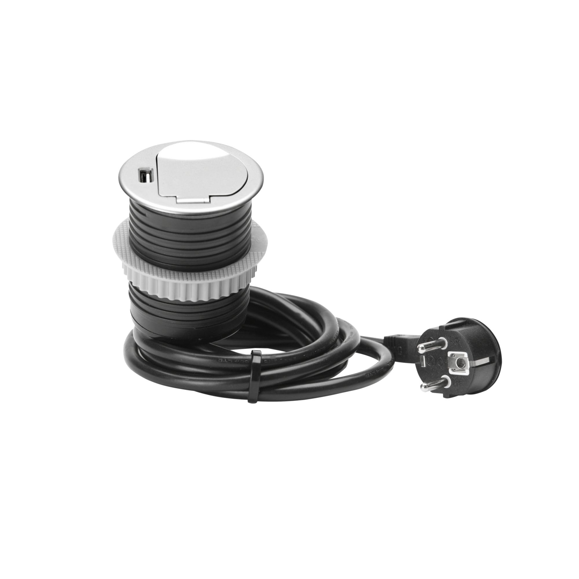 UNITEC Presa da incasso per piano da tavolo, presa da tavolo, 1 presa Schuko + 1 USB, dimensioni compatte, facile installazione, protezione tramite coperchio scorrevole in acciaio inox
