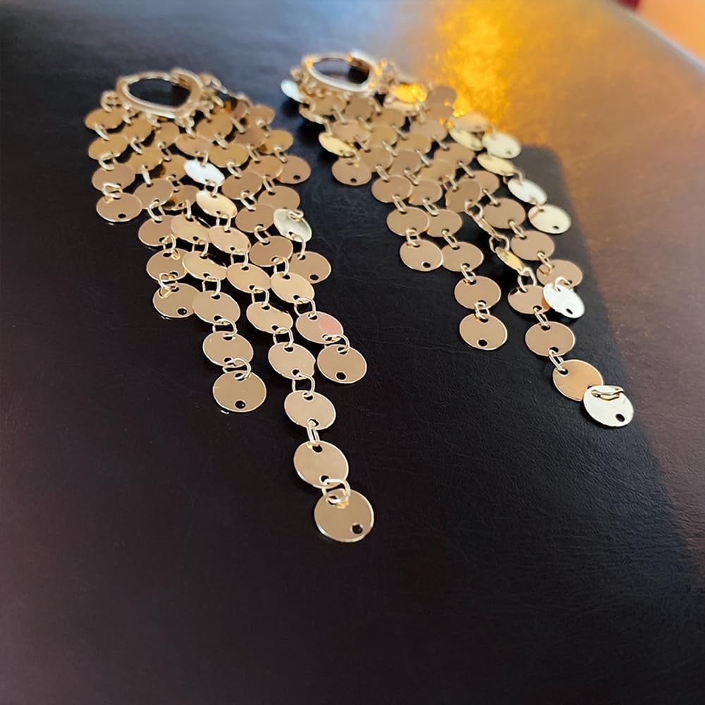 Long Sequin Tassel Statement Dangle Earrings for Women Boho Multilayer Gold Chandelier Hoop Earrings Shiny Multiple Sequin Drop Earrings Jewelry Gift - Image 6