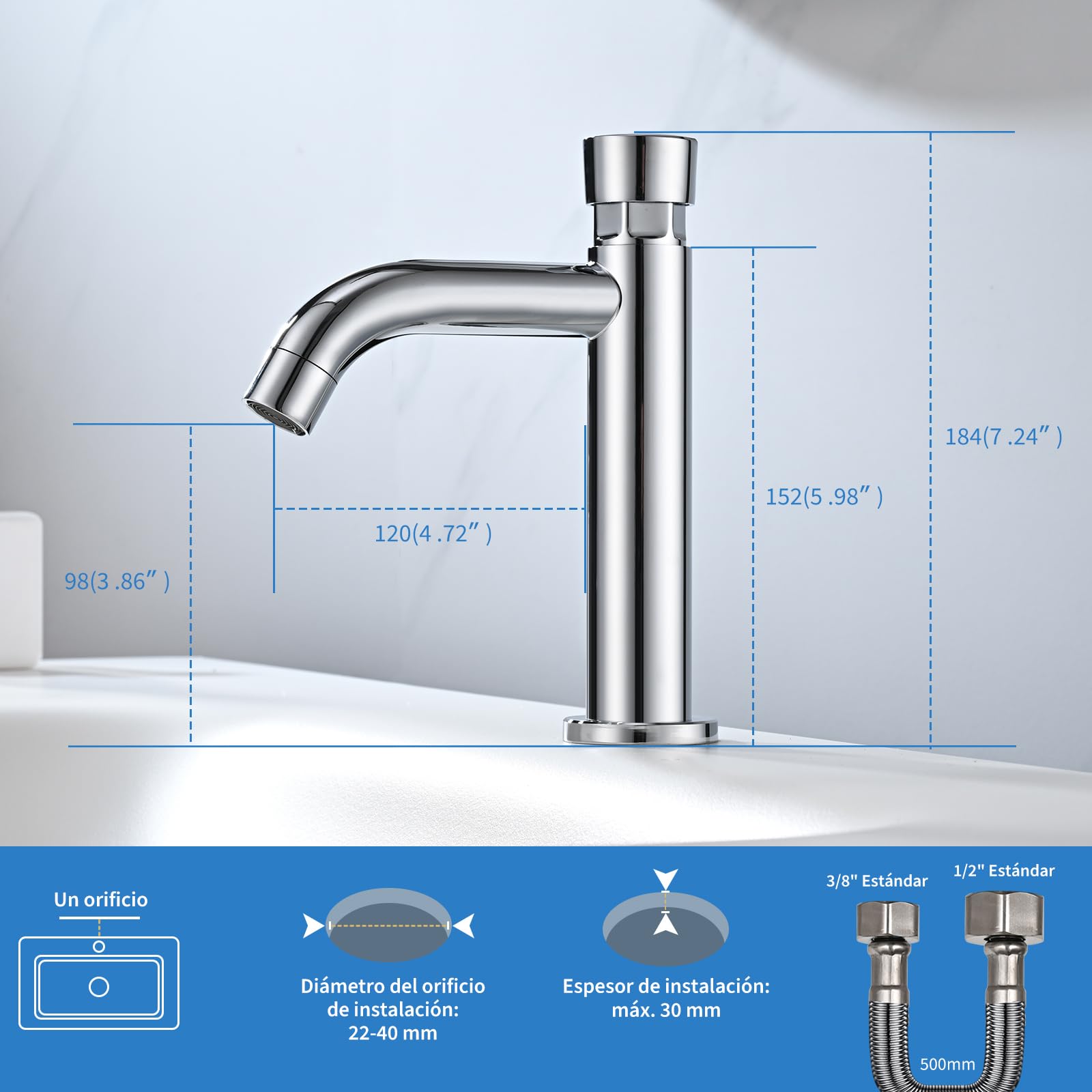 Grifo de Lavabo Solo Agua Fría, BuntHaus Grifo Pulsador Temporizador Con Cierre Automático, Grifo de Baño Cromada Acero Inoxidable