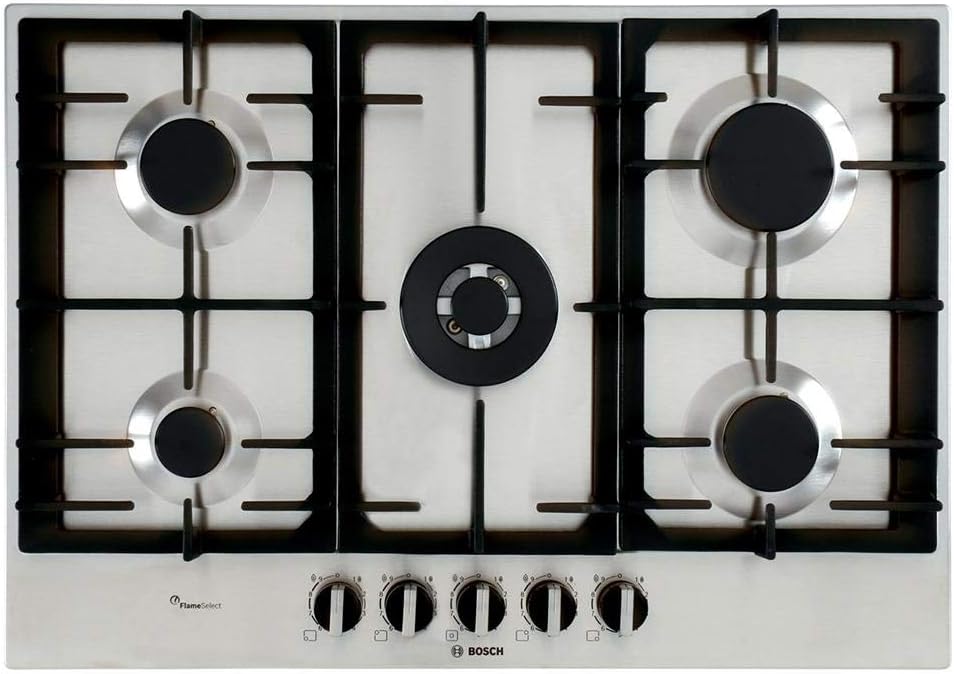 Bosch Elettrodomestici PCQ7A5B90 Serie 6, Piano cottura a gas, 75 cm, acciaio inox Bosch Elettrodomestici PCQ7A5B90 Serie 6, Piano cottura a gas, 75 cm, acciaio inox