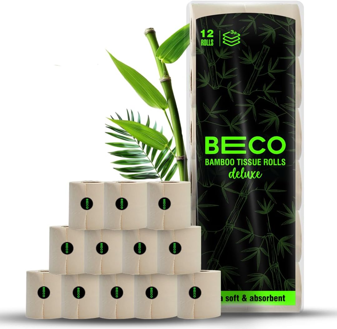 Beco Bamboo-3 Ply Toilet Paper/Tissue Roll| 160 Pulls x 12Rolls (1920 sheets)| Soft & Highly Absorbent| Eco-Friendly, Natural, Septic safe & Unbleached Toilet Paper Rolls Pack of 12 Brown