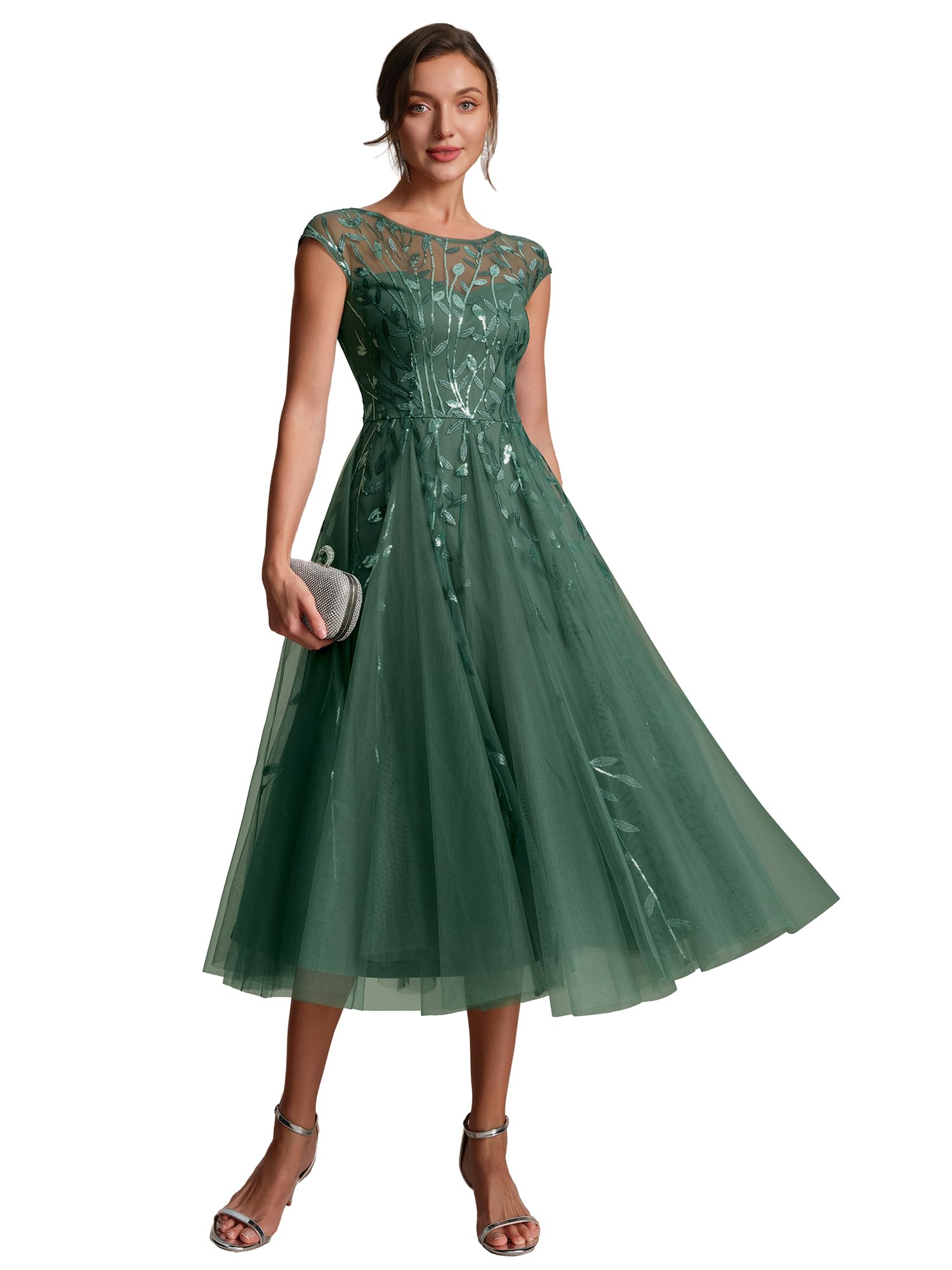 Ever-Pretty Vestito Donna Elegante Collo Rotondo Maniche Corte Paillente Midi Gonna Svasata EG02778