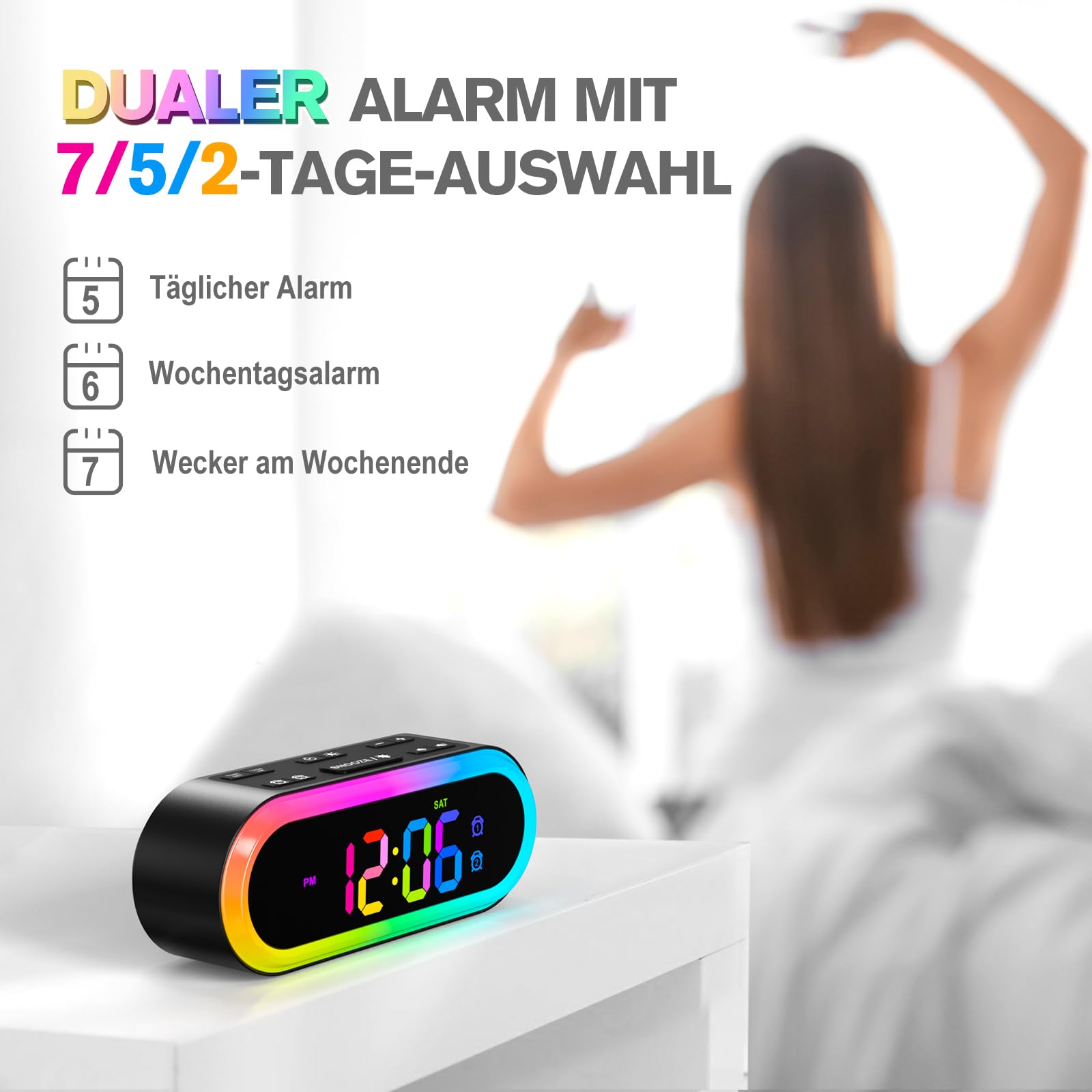 Reacher Adulti Sveglie Digitali, Modalità 7/5/2 Giorni, Led Luce Notturna, Timer Auto-spegnimento 15-120Min, 7 Suoni Sveglia, Display Regolabile, per Dormienti Pesanti, per la Camera da Letto