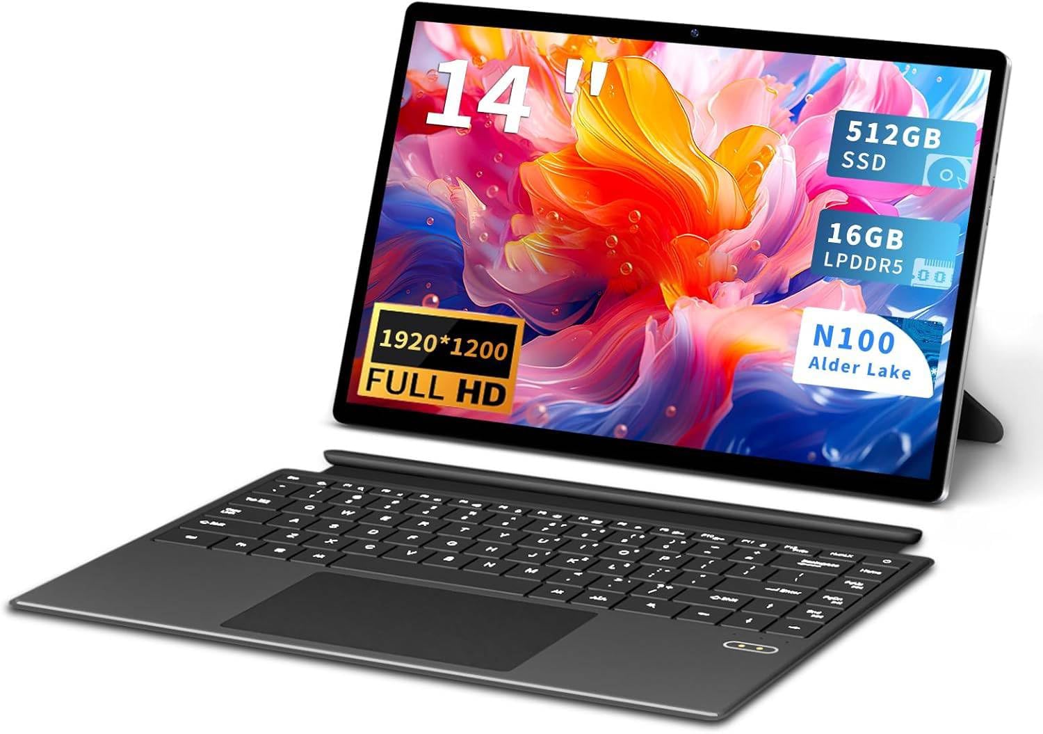 Kumnosal 2 in 1 Laptop, 14" IPS Touchscreen, 16GB RAM, 512GB SSD, Win11 Pro, BT5.2, WiFi6, Type C, Tablet PC (with BT Keyboard)