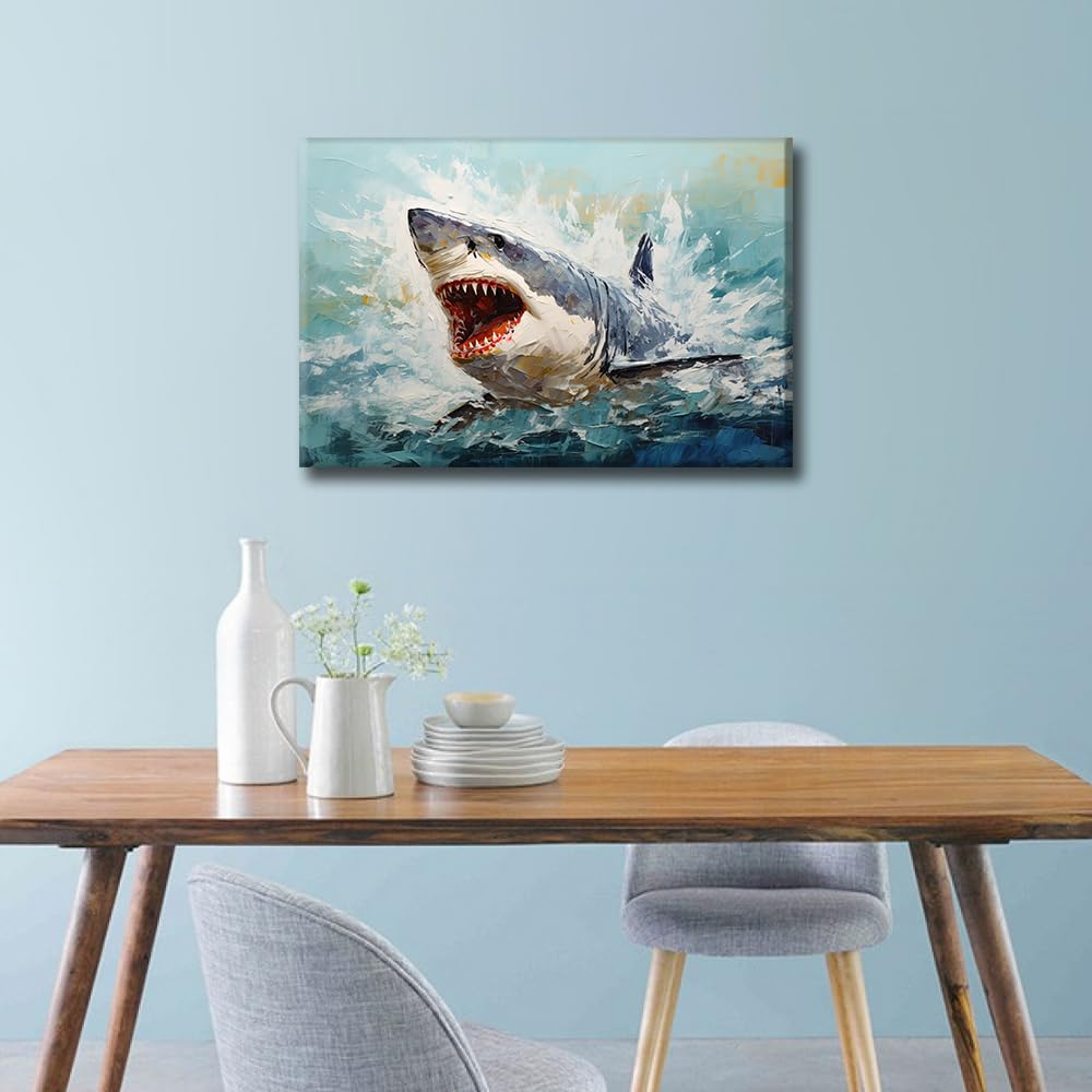 Painting of a Shark with Open Mouth Prints Poster Canvas Wall Art Home Decor for Living Room Animal Wallpaper Oil Painting Wall Decor Framed Ready to Hang (24"W x 16"H) - Image 4