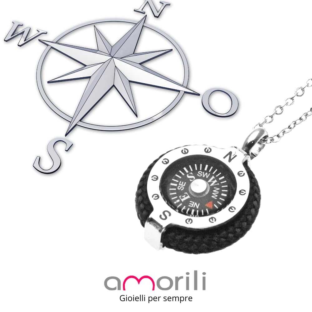 Collana Bussola Uomo in Acciaio Inox e Corda Vari Colori – Stile Nautico Mare Estate Vela – Collana Elegante Uomo