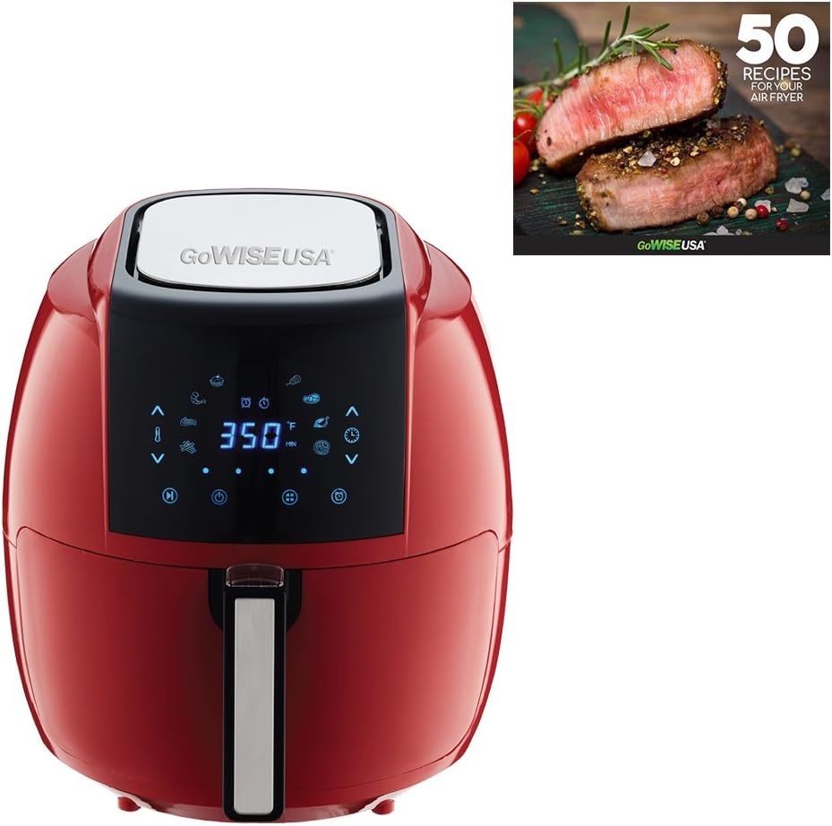GoWISE USA 5.8-Quart Programmable 8-in-1 Air Fryer XL + Recipe Book (Chili Red)