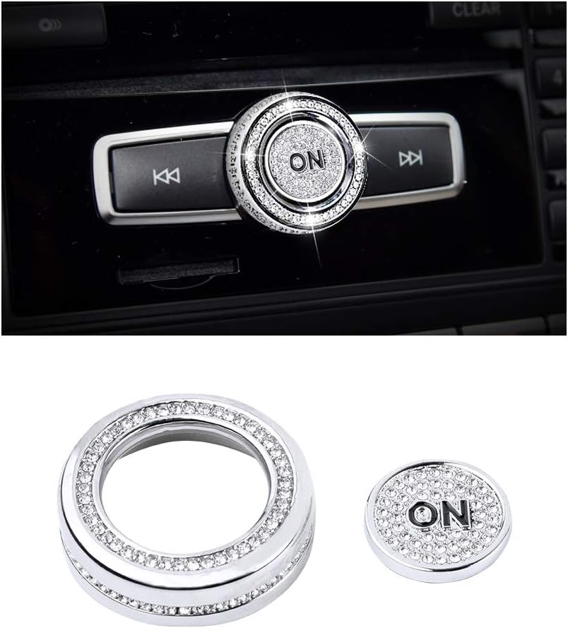 CARFIB Car Interior Bling Accessories for Mercedes Benz C E Class CLS GLA SLC W204 W212 Volume Power Selector Knob Button Decal Sticker Cover Parts Decoration Men Women Zinc Alloy Crystal Silver 2Pcs