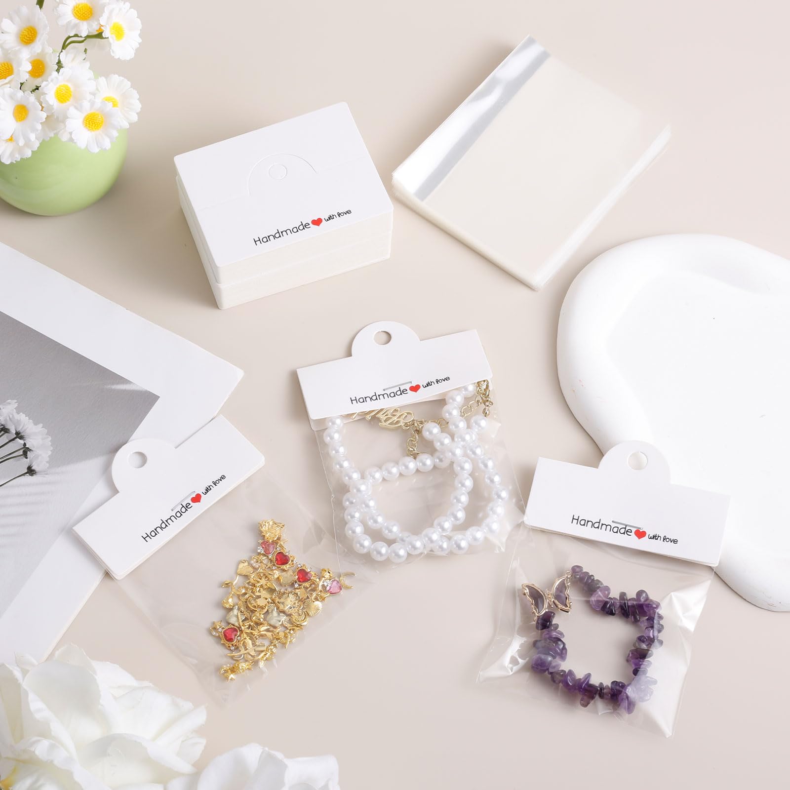 100pcs Jewelry Package Bags, Premium Paper Jewelry Display Bags for Small Business with 100pcs Transparent Plastic Bags for Bracelets Necklaces Package Display Supplies(White) - Image 3