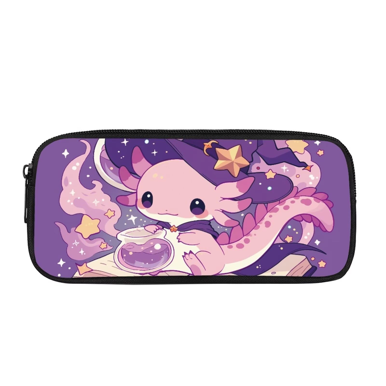 HUGS IDEA Wizard Axolotl Pencil Case Magic Theme Pencil Pouch Large Zipper Stationery Holder Portable Pen Bag for Fantasy Fans Kids Girls Middle School Office Travel Storage