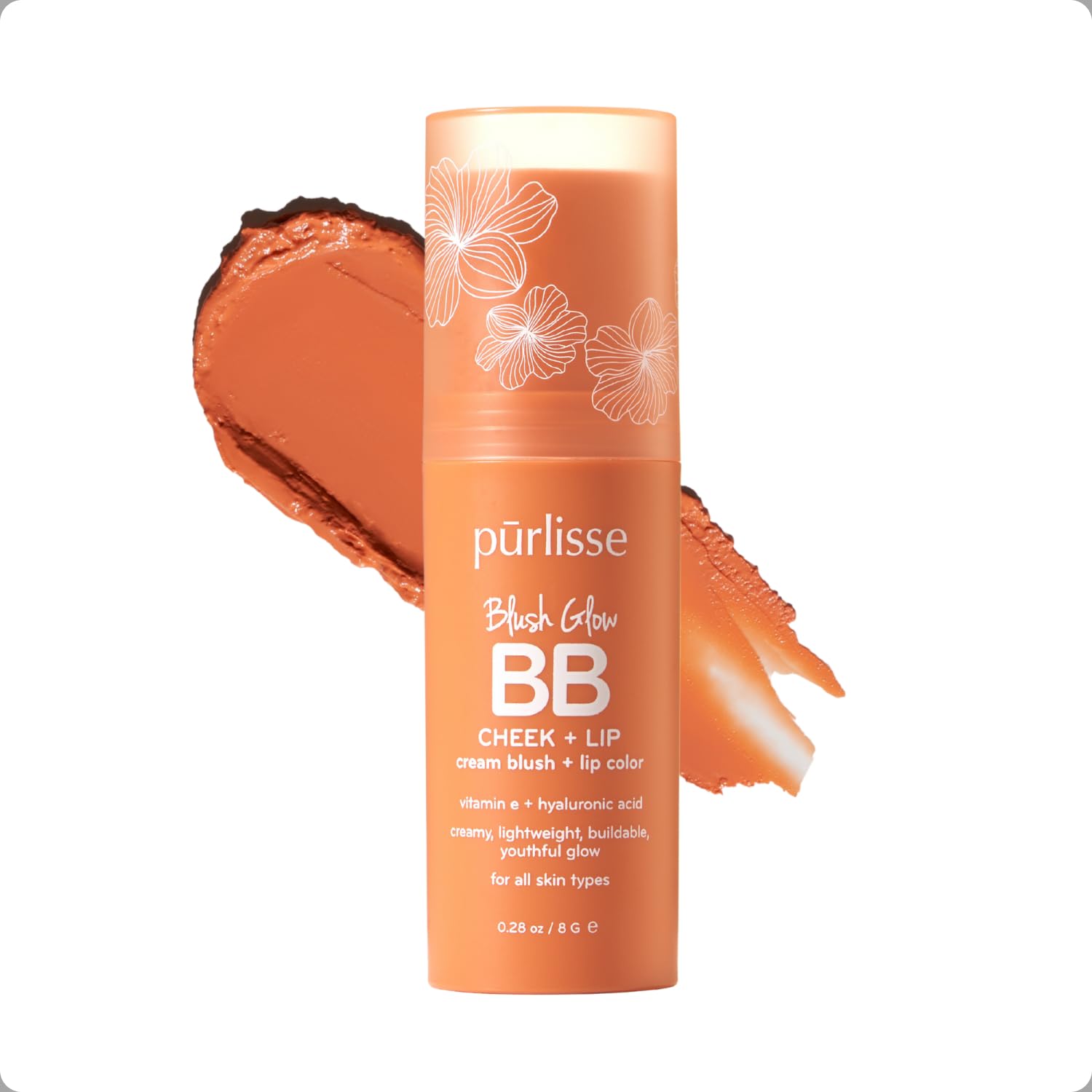 pūrlisse Blush Glow BB Lip and Cheek Tint - Hydrating & Buildable 2-in-1 Cream Blush Stick for Cheeks & Lips - Formulated with Nourishing Vitamin E & Hyaluronic Acid - Peach Please (.28 oz)