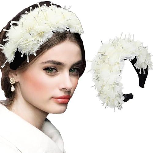 Diademas bohemias de flores blancas con diamantes de imitación, bandas anchas antideslizantes hechas a mano para el cabello de mujer, fiestas,