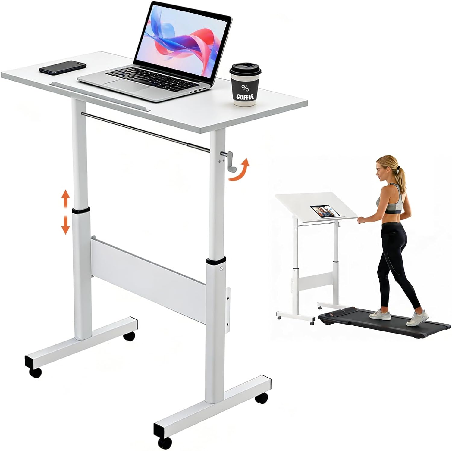 Hand Crank Small Standing Desk, Adjustable Height 27.76-40", Tiltable Tabletop with Wheels, Portable Laptop Computer Table, Rolling Podium Mobile Stand Up Desk for Walking Pad Treadmill, Home Office