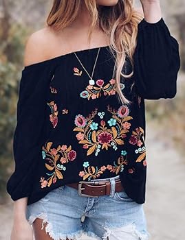 ZXZY Women Embroidered Off Shoulder Long Sleeve Bohemian