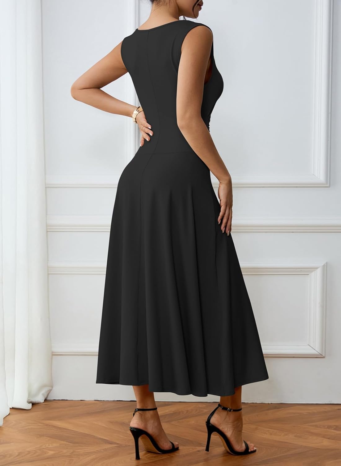 Pink Queen Elegant Sleeveless Bodycon Dress for Women Crewneck High Waist Ruched Metal Swing Cocktail Party Dresses Outfits - Image 4