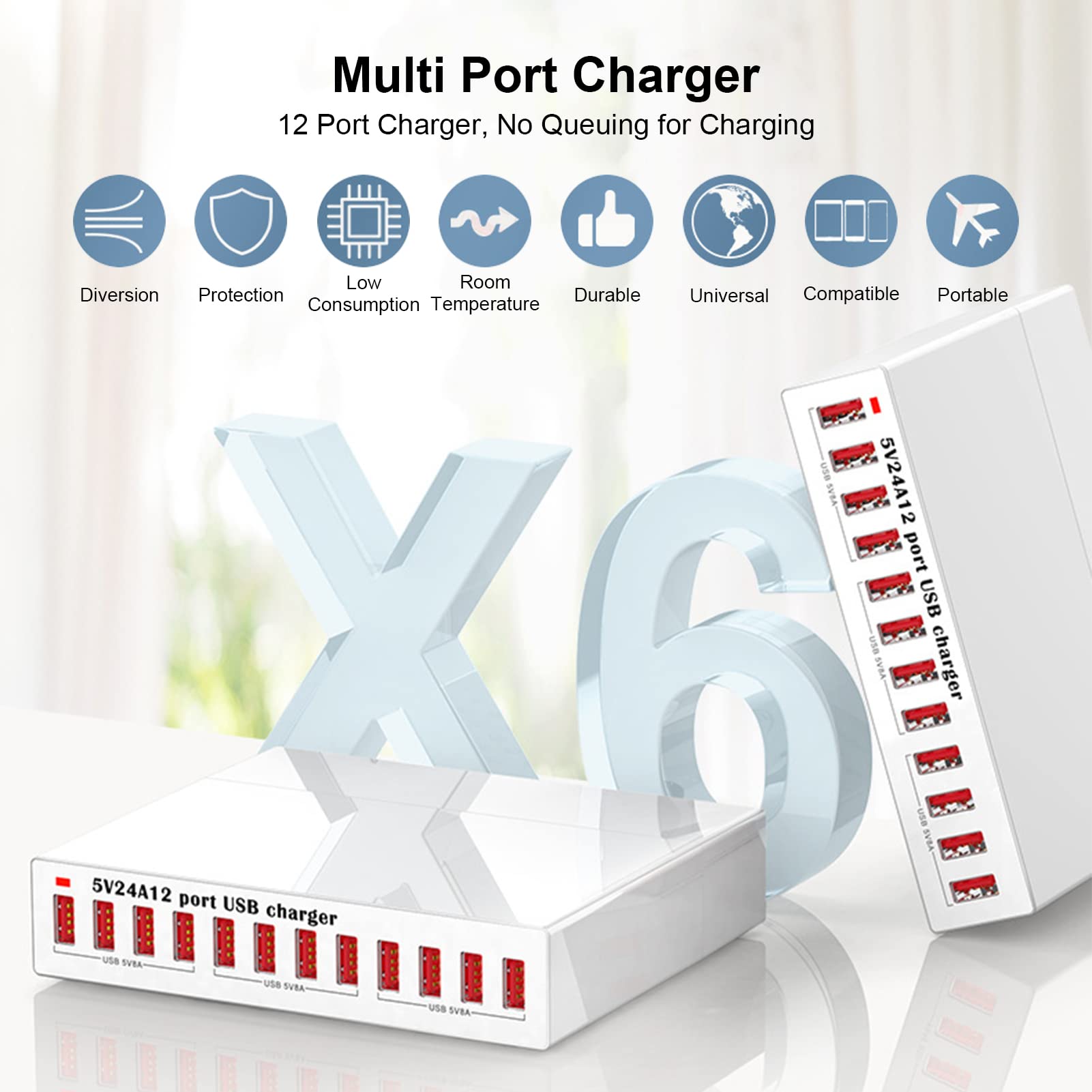 12-Port-USB-Ladestation, intelligente Shunt-LED-Anzeigeleuchte, automatische Erkennung, USB-Lade-Hub, Ladestation für mehrere Geräte, 100 bis 240 V