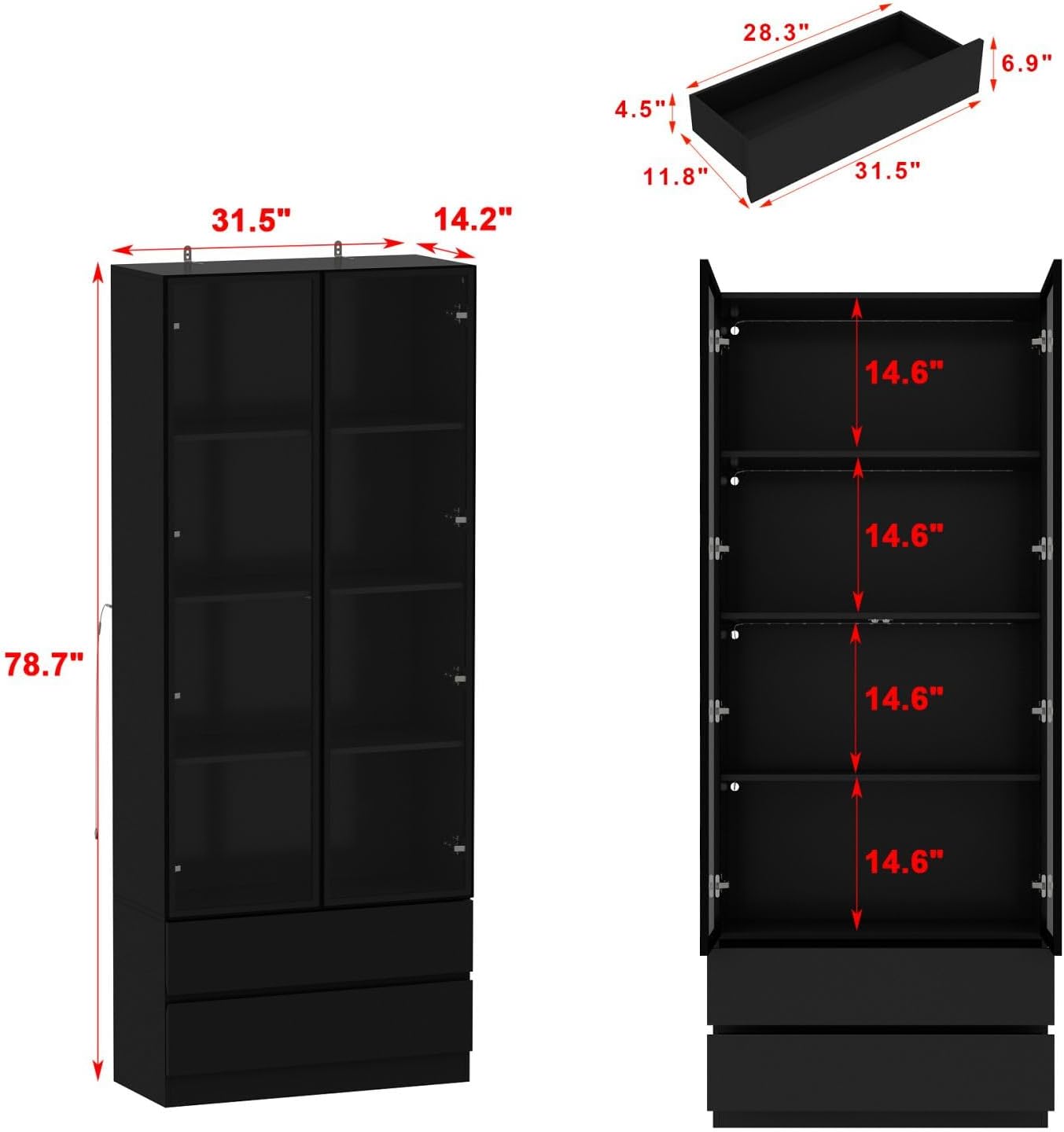 FAMAPY Display Cabinet with 2 Glass Doors and Lights, Display Case Cabinet with 4-Tier Storage Shelves and 2 Drawers, Pop-up Design, for Collectibles, Black (31.5”W x 14.2”D x 78.7”H)