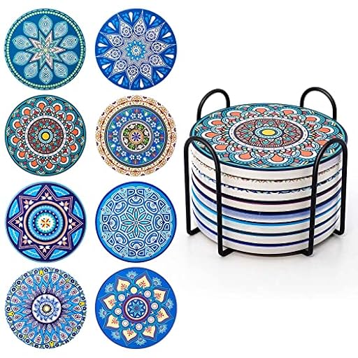 Posavasos para Bebidas, Juego de 8 Posavasos de Corcho Cerámica, con Soporte de Metal de 4 Pulgadas, Diseño de Mandala para Tazas, Jarrones, Velas, Regalo de Inauguración para Cumpleaños, Salón | Ya disponible en tu tienda friki favorita! En mundofriki.es!