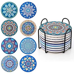Onderzetters voor dranken, 8-delige set, absorberend, kurk, keramiek, met metalen houder, mandala-patroon van 10 cm, voor kopjes, vazen, kaarsen, housewarmingscadeau voor verjaardag, keuken,