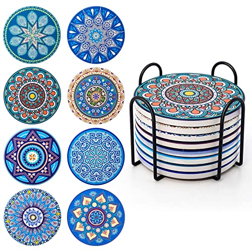 Set di 8 sottobicchieri assorbenti in sughero ceramica con supporto in metallo, motivo mandala per tazze, vasi, candele, regalo di inaugurazione della casa, per compleanno, cucina, soggiorno