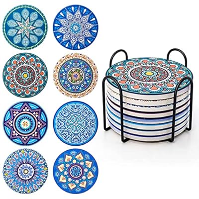 Posavasos para Bebidas, Juego de 8 Posavasos de Corcho Cerámica, con Soporte de Metal de 4 Pulgadas, Diseño de Mandala para Tazas, Jarrones, Velas, Regalo de Inauguración para Cumpleaños, Salón | Ya disponible en tu tienda friki favorita! En mundofriki.es!
