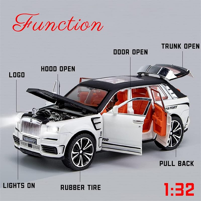 Image of Kids Model 1:32 RR Cullinan Masory Die Cast Metal Car Pull Back Action Opening Doors with Realistic Engine Sound Lights Toy Car Gift for Boys - Multi