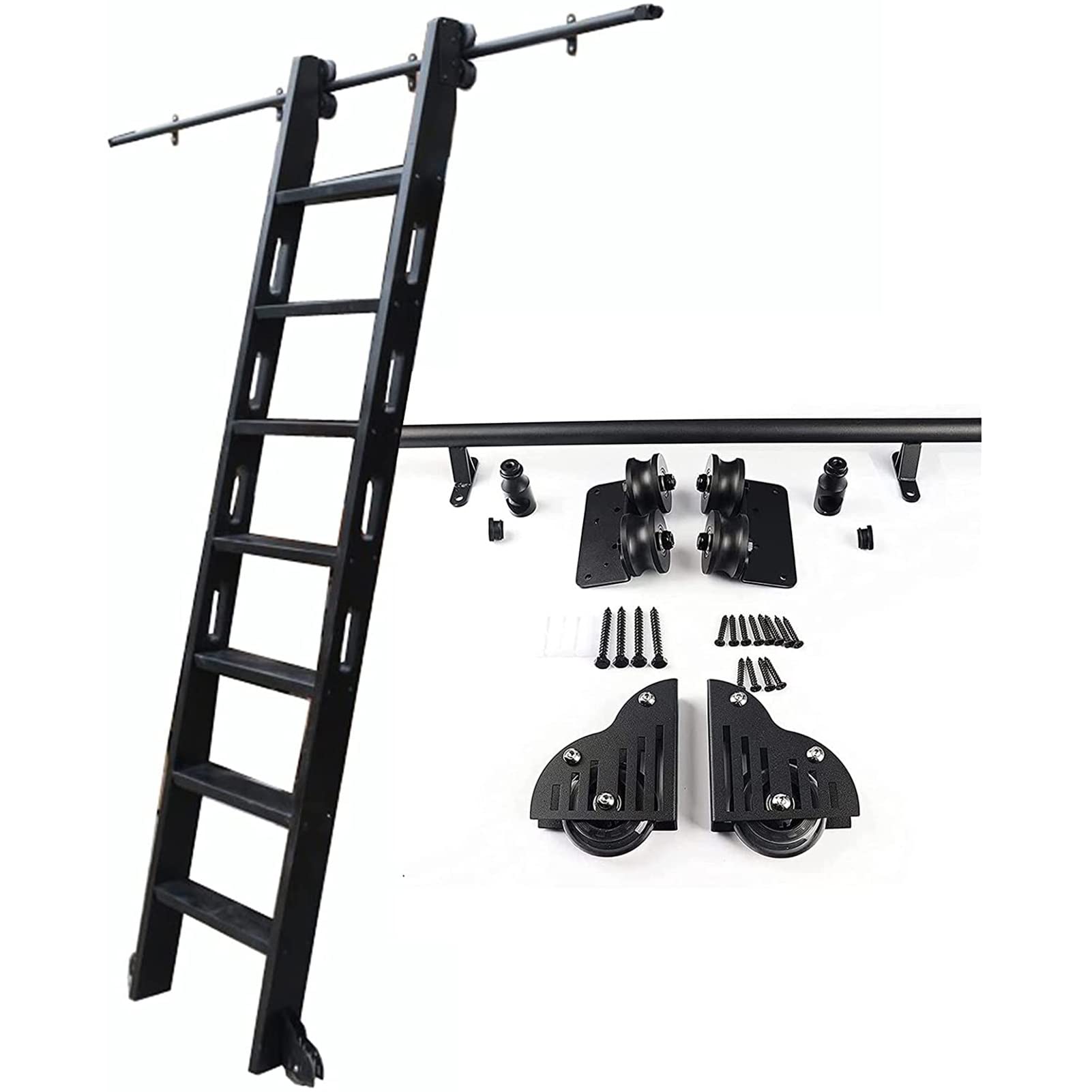 LWJSOCP 3.3ft-20ft Sliding Barn Door Hardware Kit, Rolling Ladder Hardware Library Sliding Ladder Hardware Kit(No Ladder)，Black Steel Round Tube Mobile Ladder Track for Library/Loft/Home/Indoor
