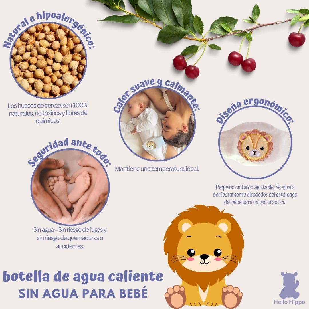 Hello Hippo - Saco de Semillas de Cereza para Bebé - Cinturón Anticólicos con Calor Seco, Microondas o Horno, Hipoalergénico y Lavable (Léon)