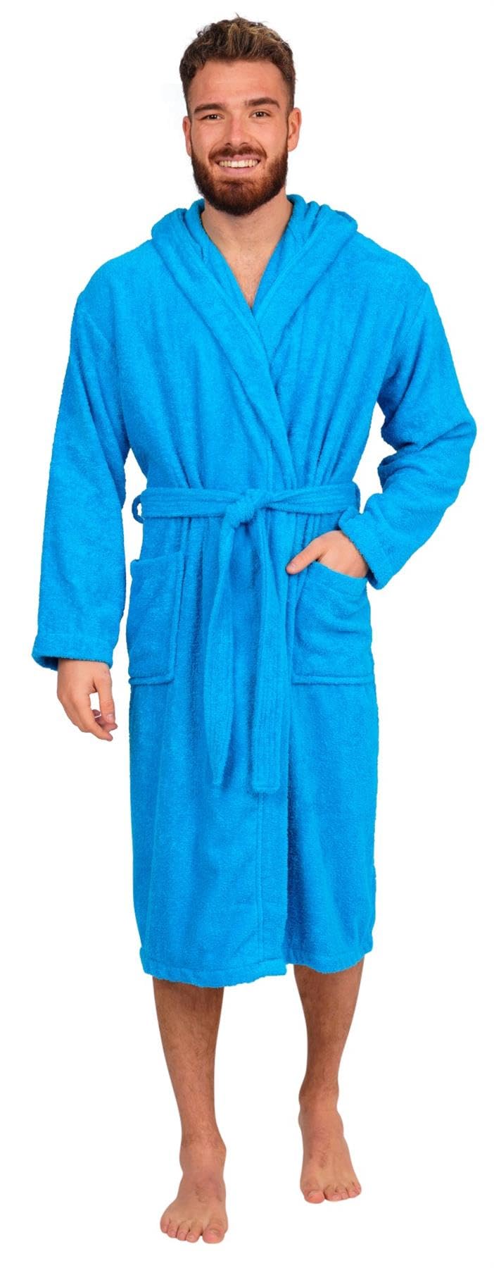 Adore Home Men's Aqua 100% Cotton Hooded Bathrobe Terry Towelling Shawl Collar Bath Robe Dressing Gown