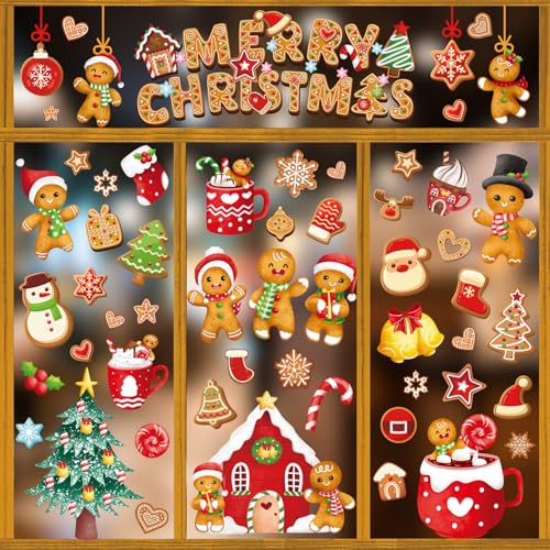 JarThenaAMCS Christmas Gingerbread Man Window Clings Extra Large Xmas Tree Window Stickers Double-Sided Glass Decals for Winter Home Classroom Office Party Decoration,6Sheets