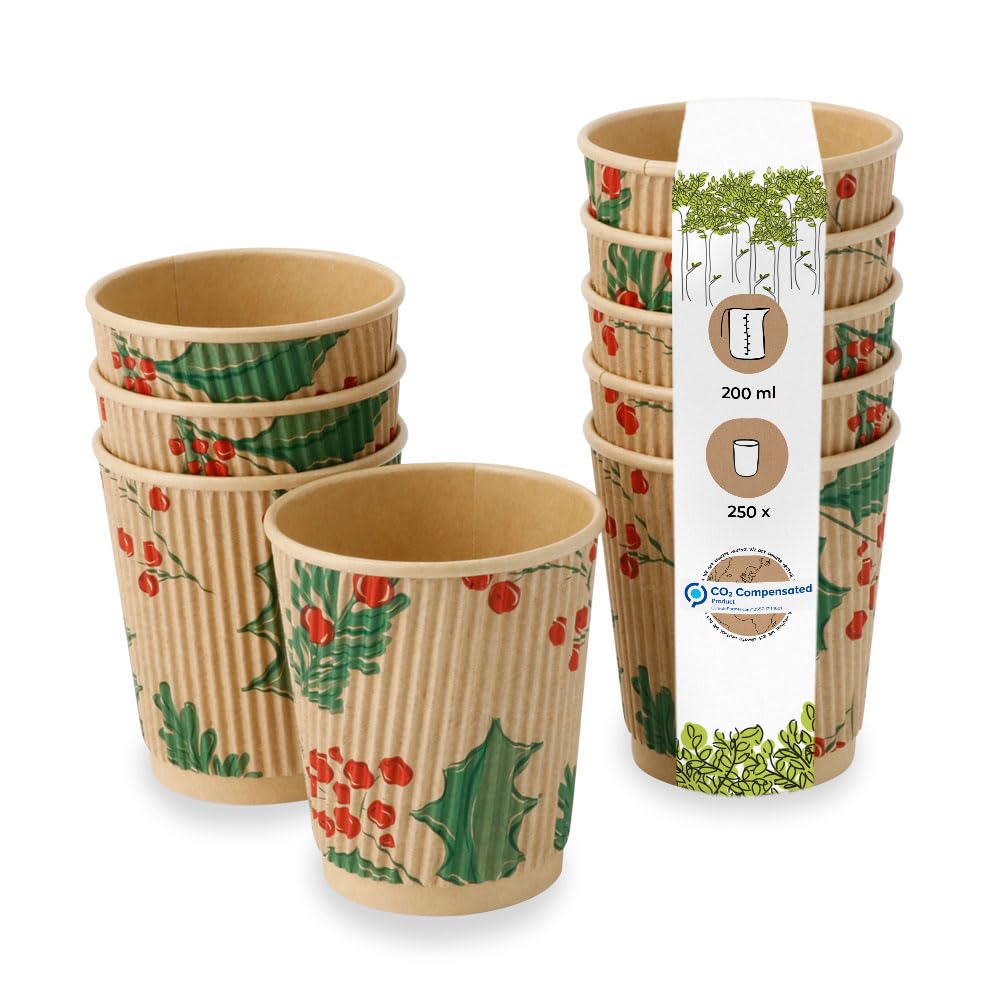 BIOZOYG 250 Bicchieri a coste da 200 ml Inverno 'Rami' per caffè da asporto biodegradabili. Bicchieri monouso per il vin brulé in carta a coste compostabile non sbiancata.